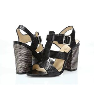 Marvin K. Black leather shimmer block heel nwot size 9 Dora sandal textured hot